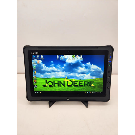 Rugged Getac diagnostic tablet running John Deere Service Advisor 5.3 software.