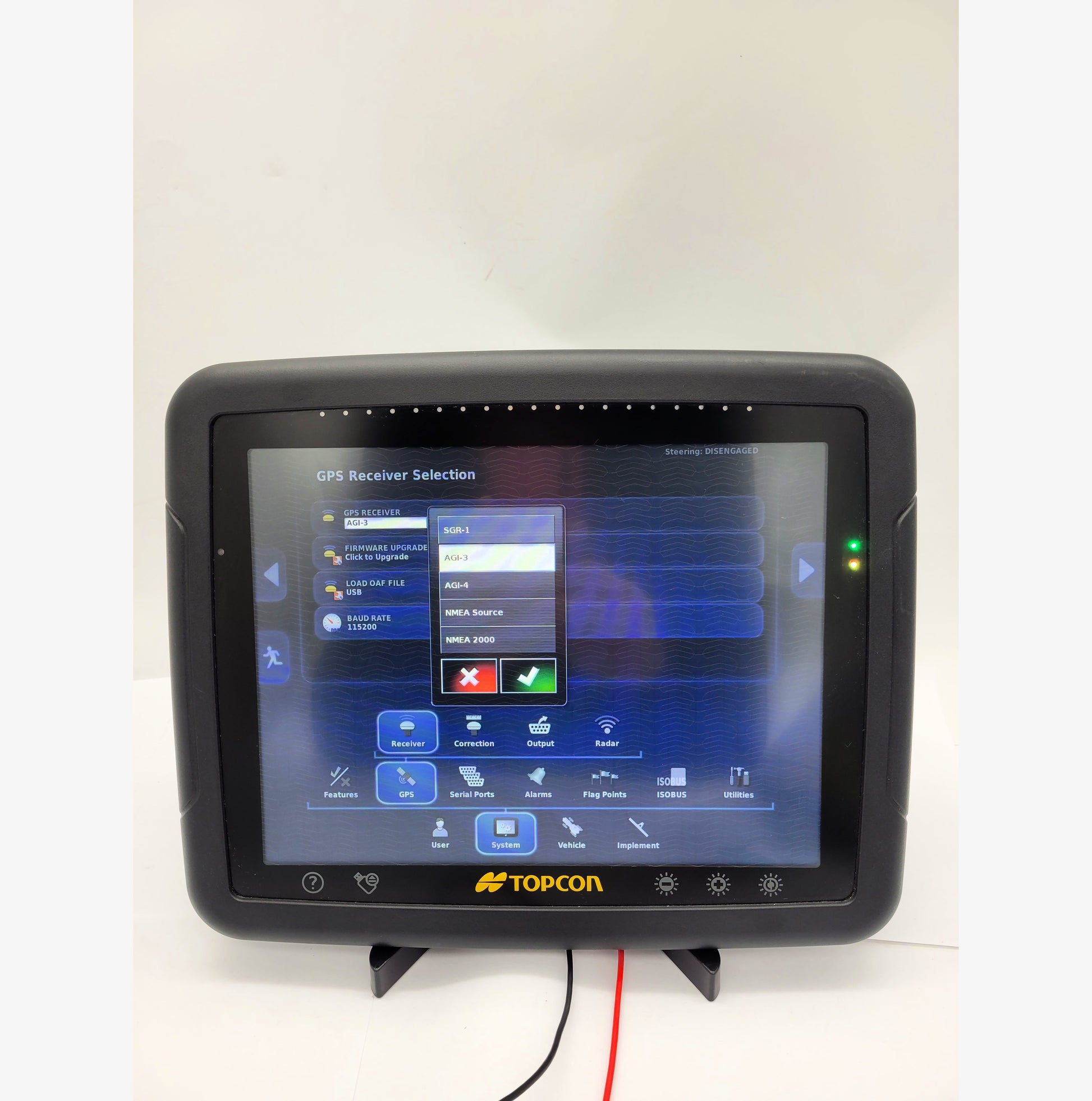 GPS settings on Topcon X30 showing support for AGI-3 and AGI-4. SGR-1, NMEA Source, NMEA 2000