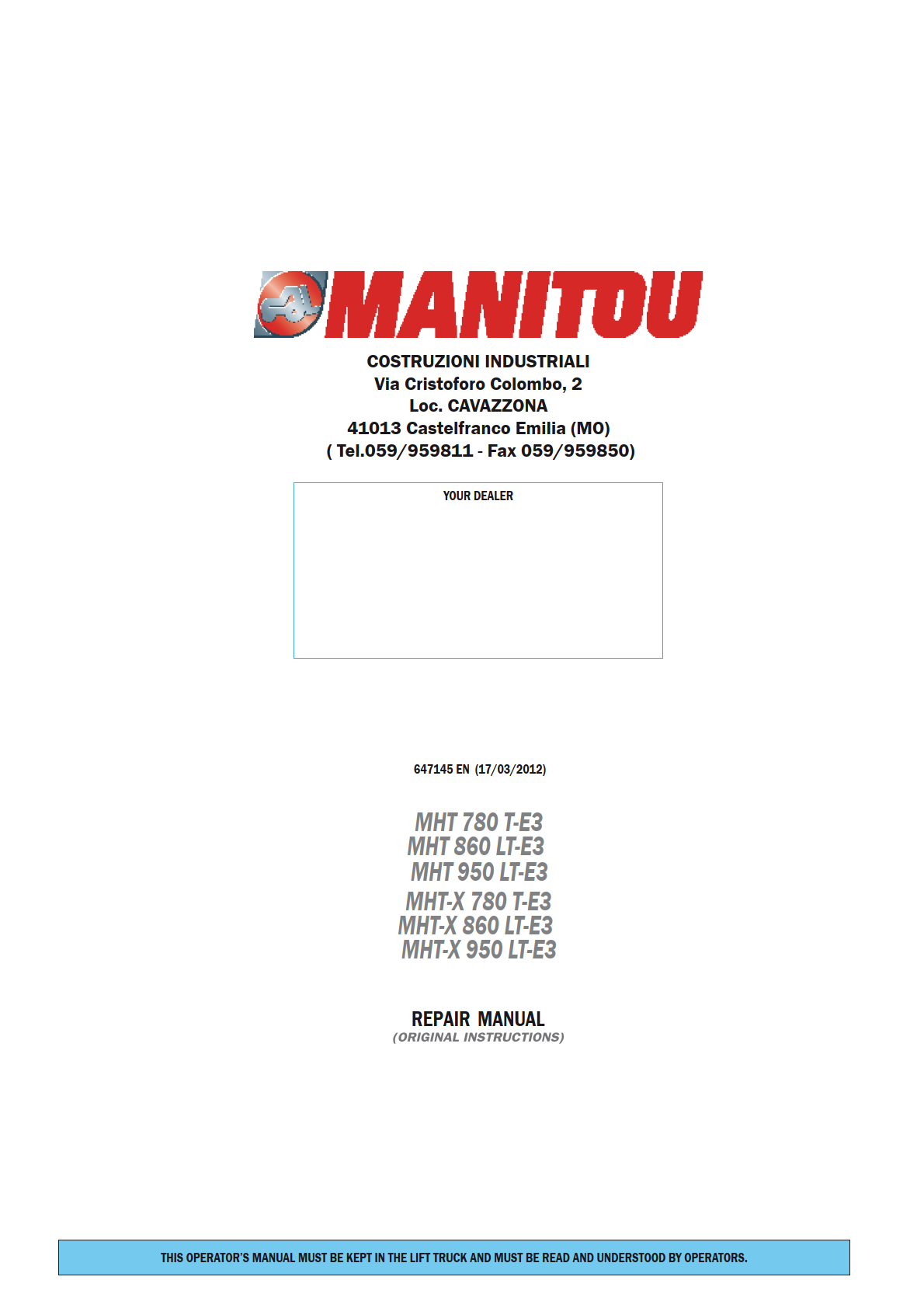 Manitou MHT 780 E3 PARTS REPAIR OPERATIONS MANUALS