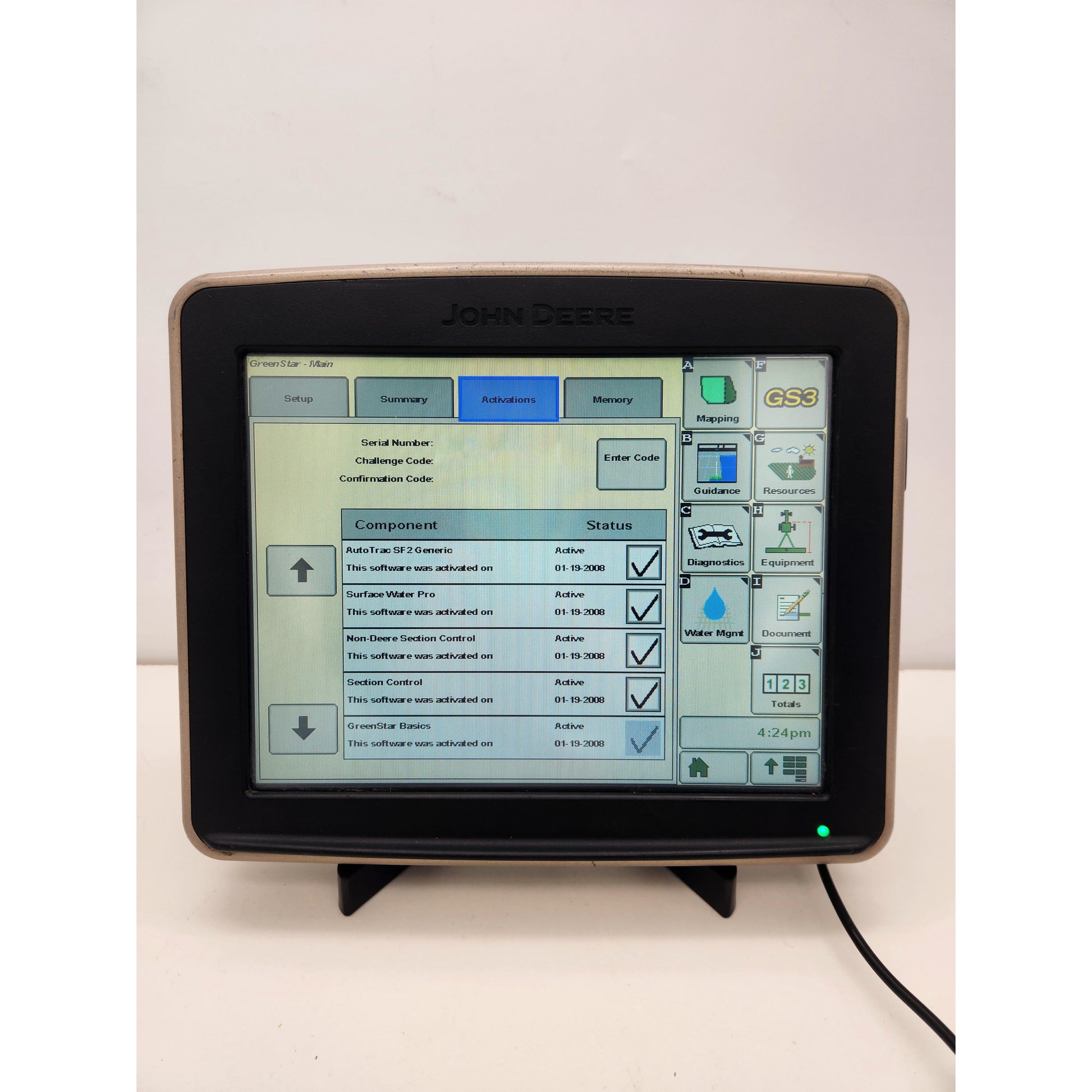 John Deere GS3 2630 active software list including AutoTrac and Section Control