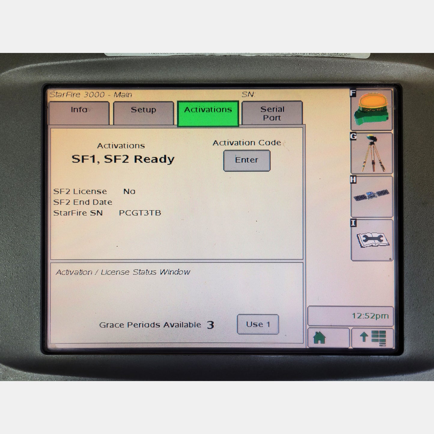 John Deere StarFire 3000 SF3000 GPS Receiver front view PFP12589. GS2600 2600