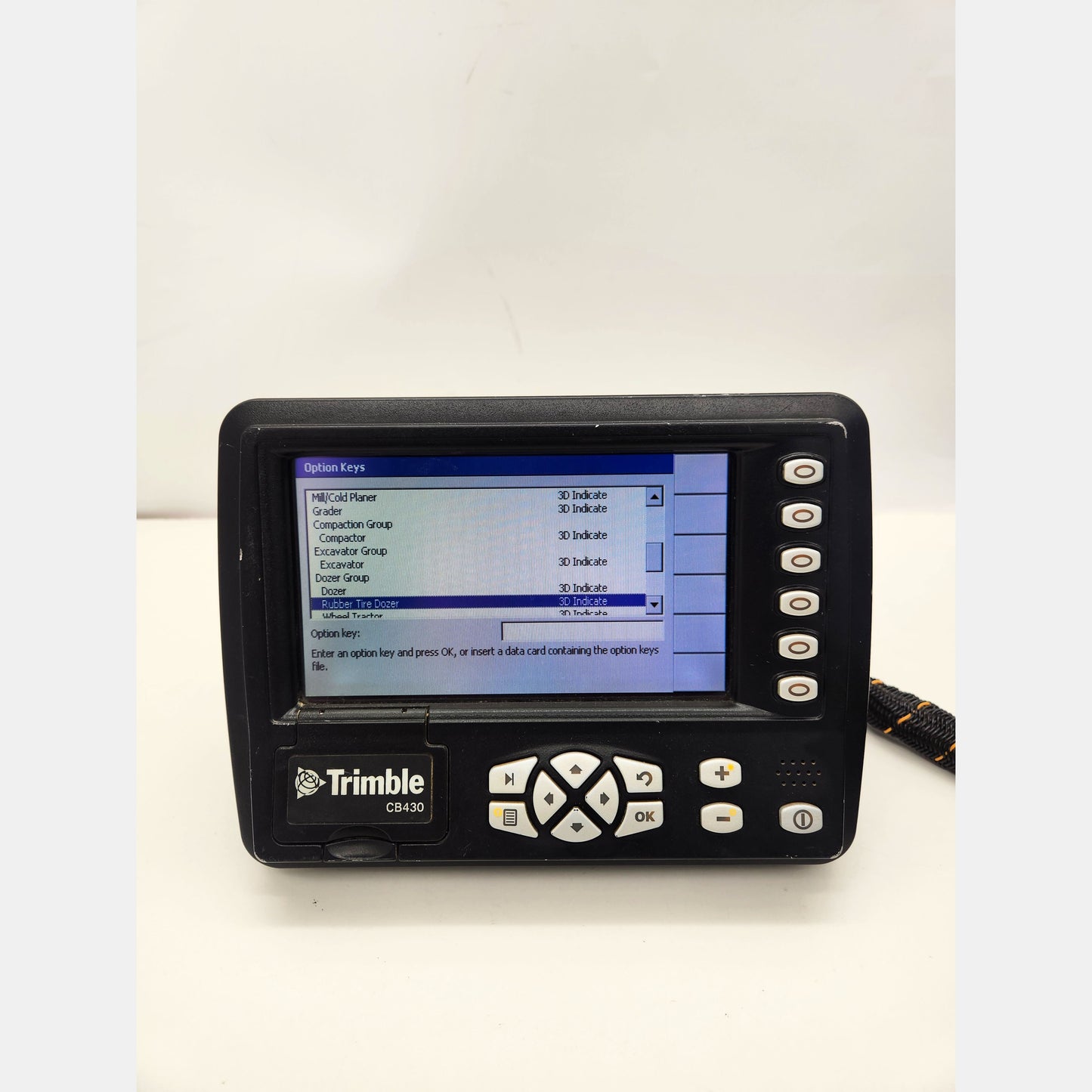Trimble CB430 screen showing v11.41 firmware and 3D Automatics Yes.