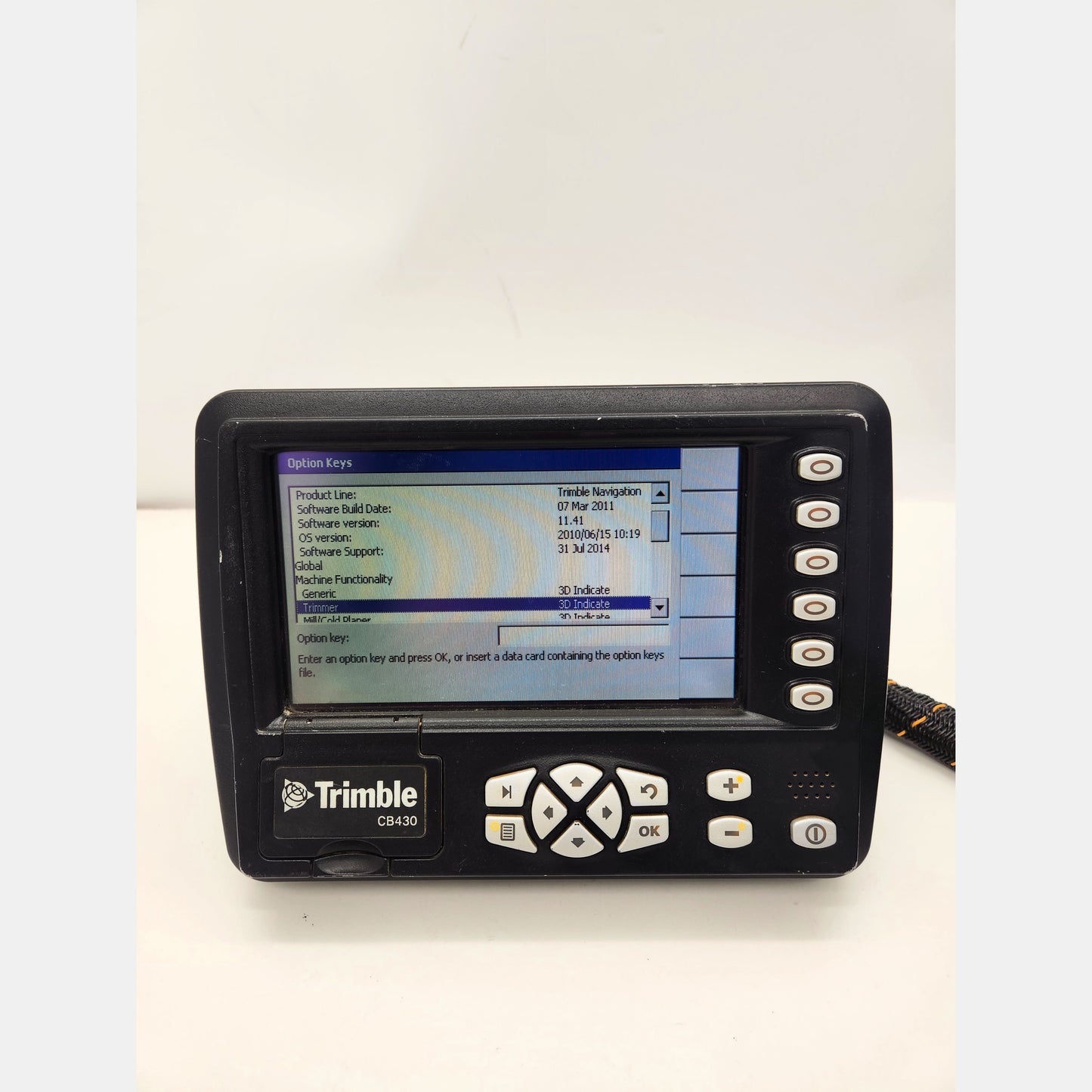 Trimble CB430 screen showing v11.41 firmware and 3D Automatics Yes.