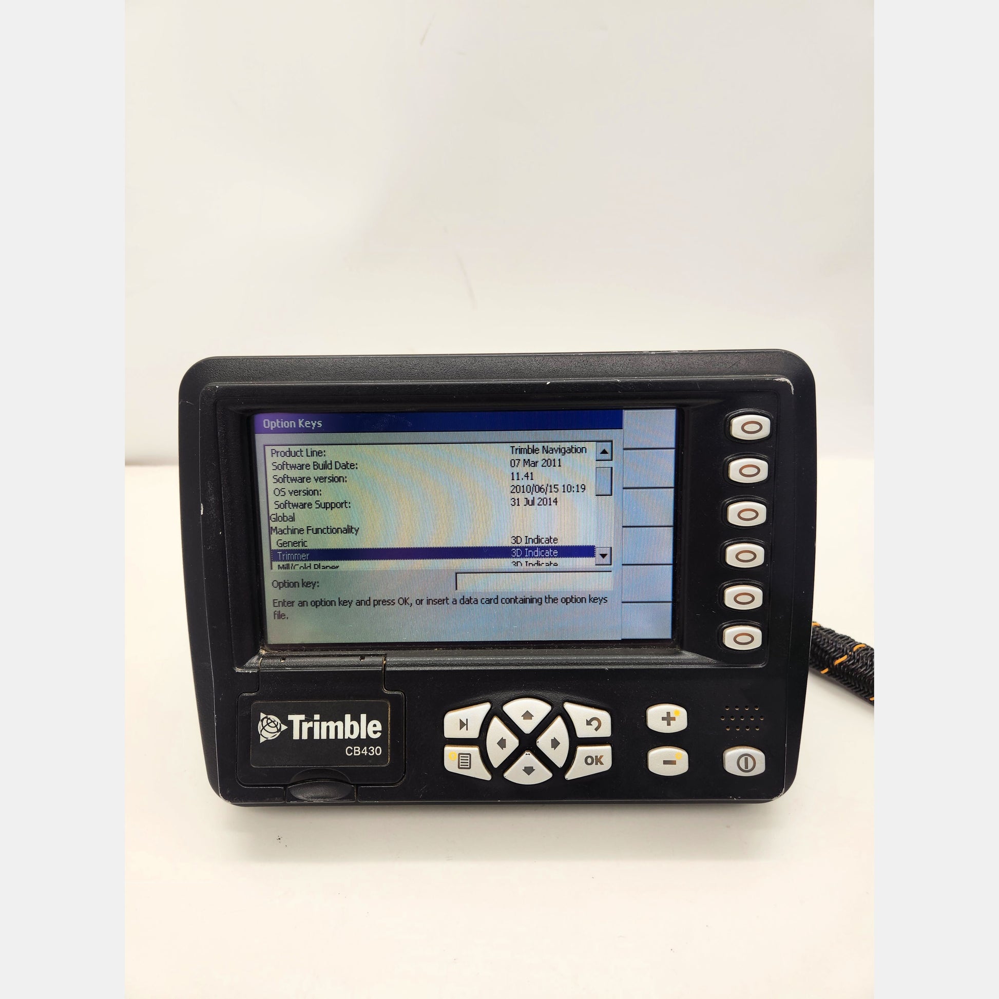 Trimble CB430 screen showing v11.41 firmware and 3D Automatics Yes.