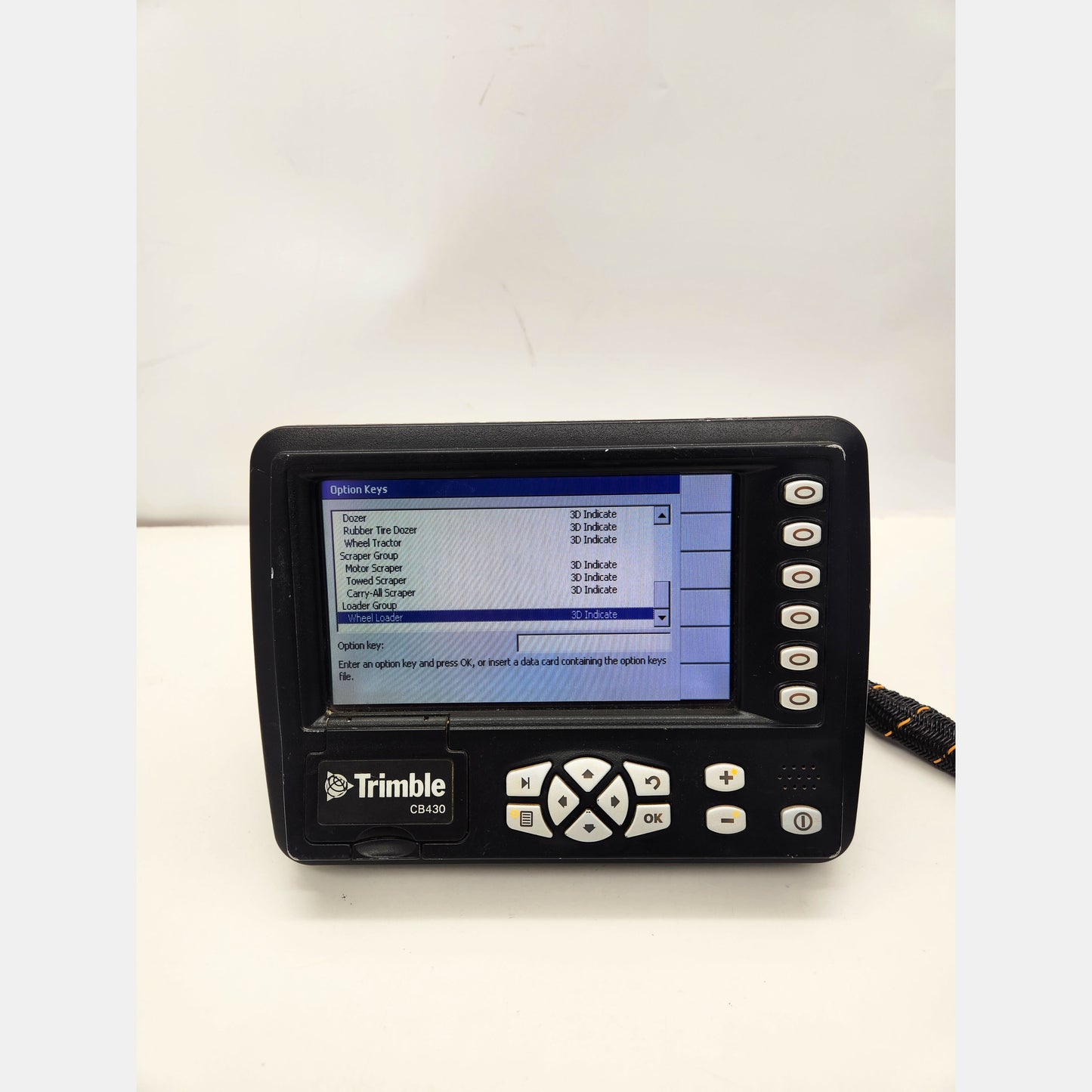 Trimble CB430 screen showing v11.41 firmware and 3D Automatics Yes.