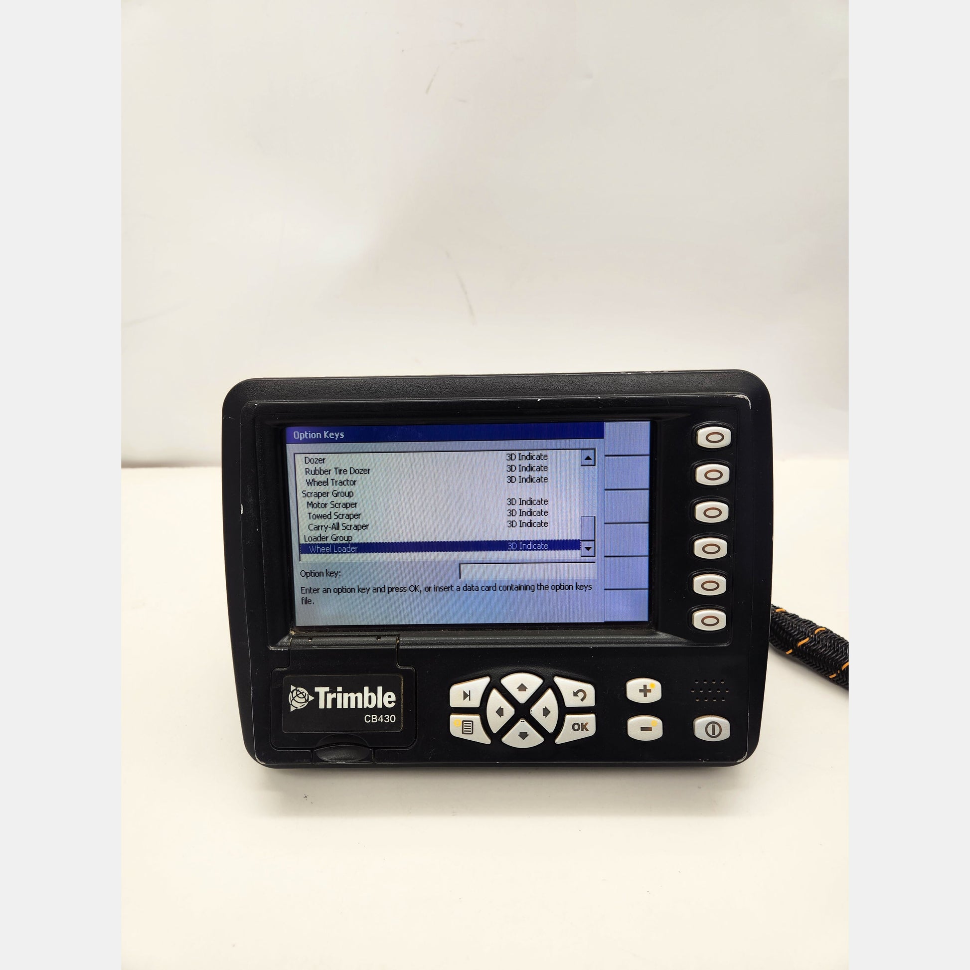 Trimble CB430 screen showing v11.41 firmware and 3D Automatics Yes.