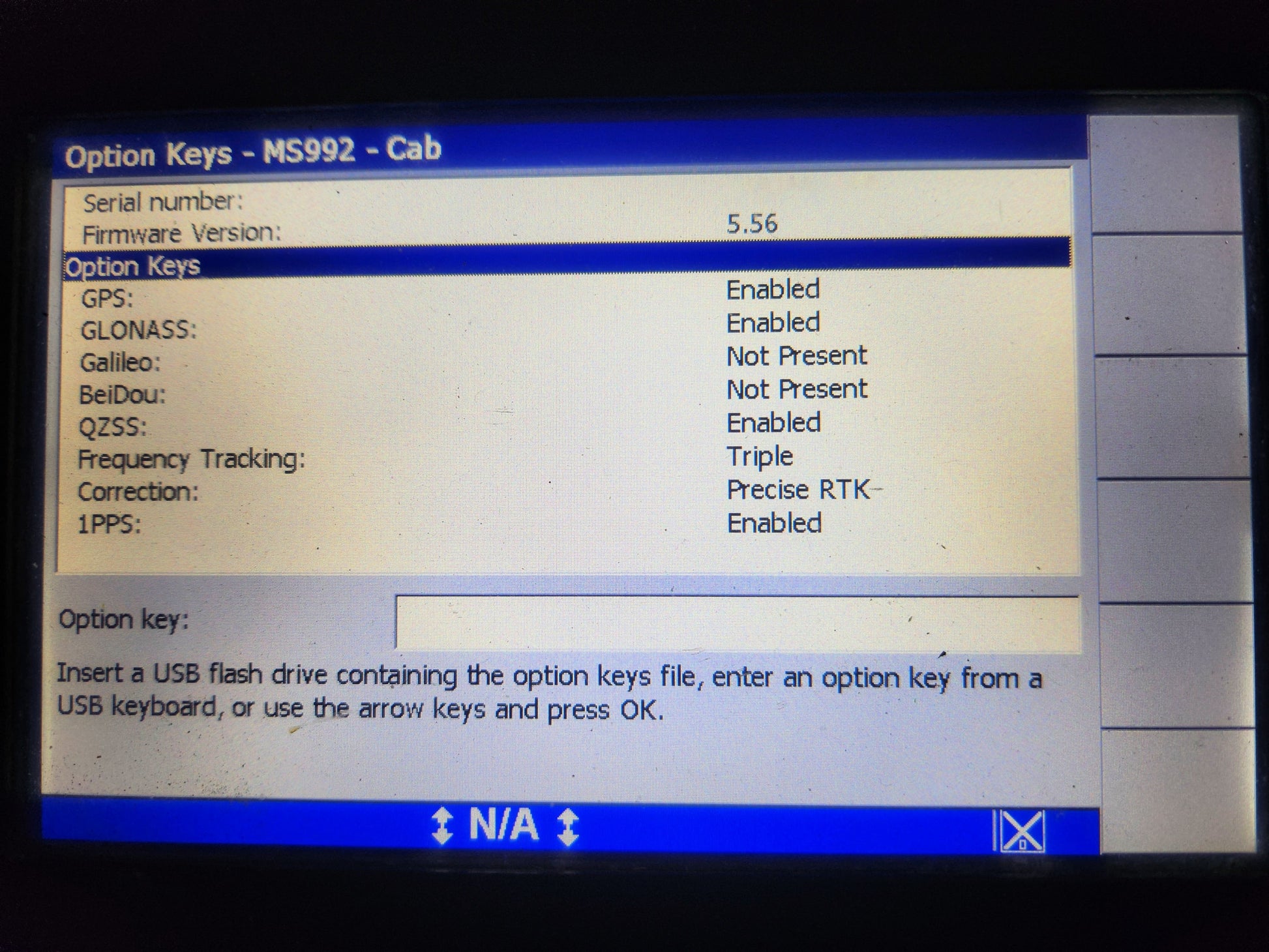 Diagnostics screen of CAT MS992 showing enabled option keys: GPS, GLONASS, QZSS, Triple Frequency Tracking, and Precise RTK.