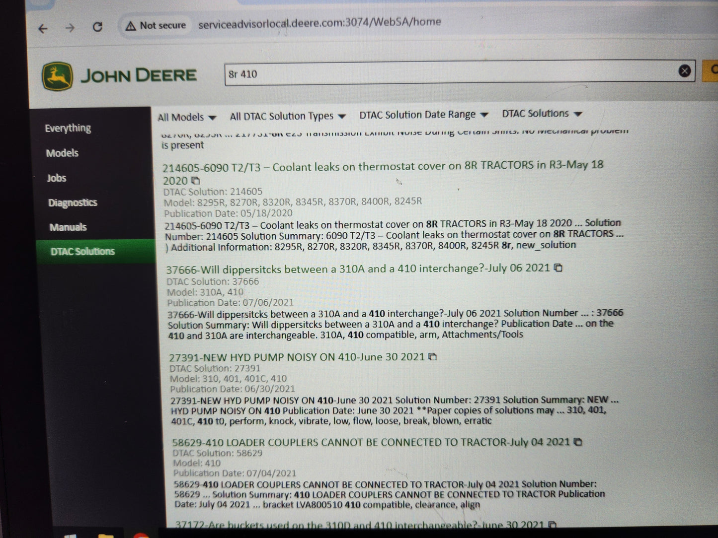 Rugged Getac diagnostic tablet running John Deere Service Advisor 5.3 software.