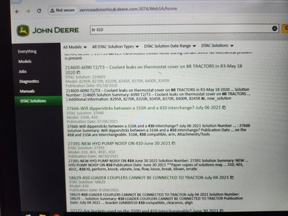 Rugged Getac diagnostic tablet running John Deere Service Advisor 5.3 software.
