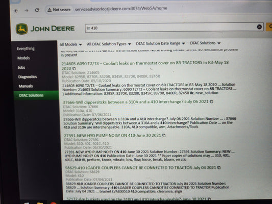 Rugged Getac diagnostic tablet running John Deere Service Advisor 5.3 software.