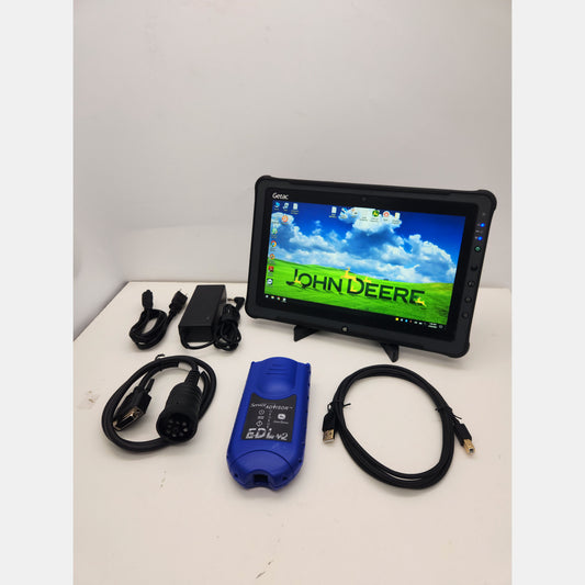 Rugged Getac diagnostic tablet running John Deere Service Advisor 5.3 software.