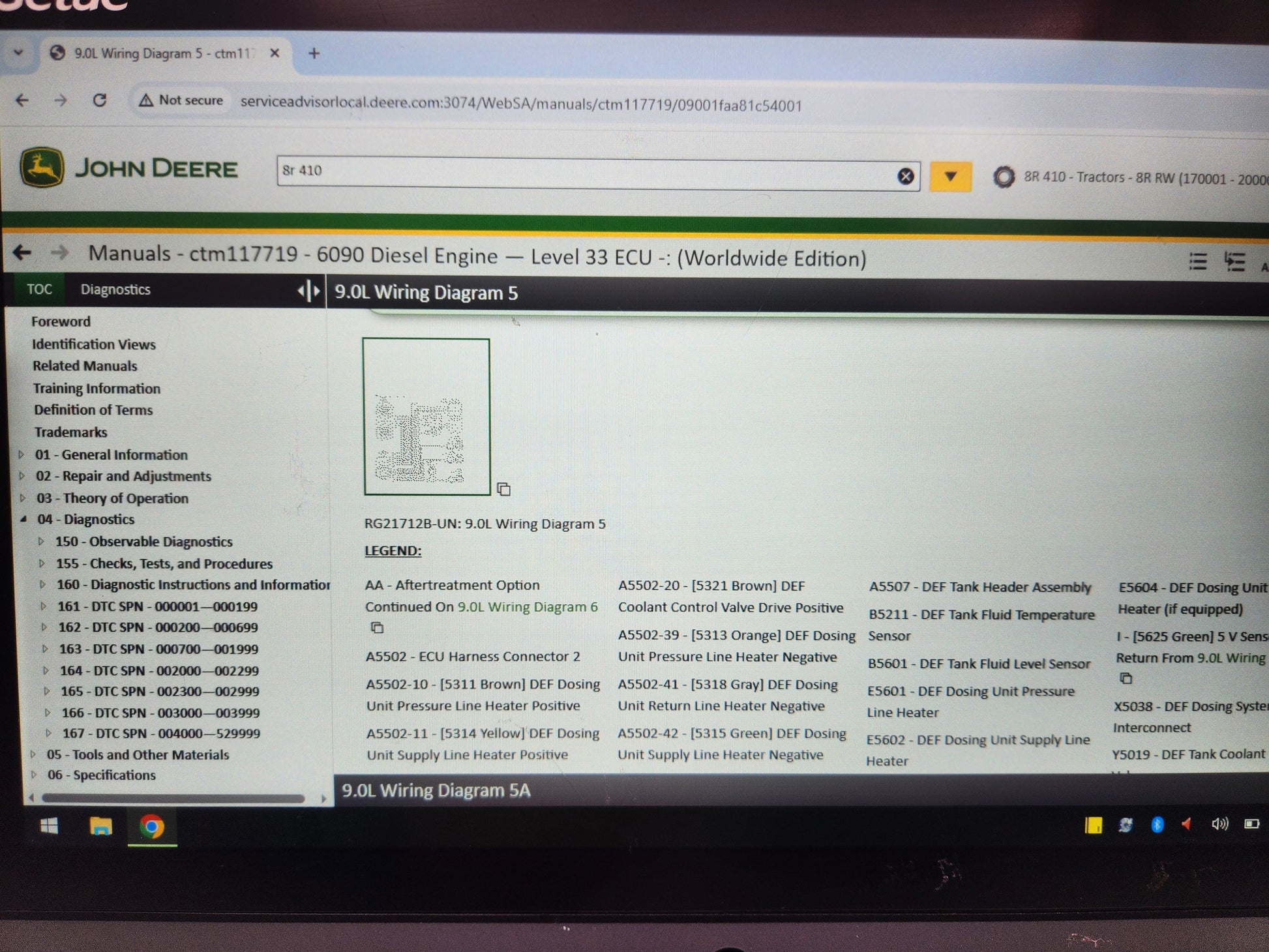 Rugged Getac diagnostic tablet running John Deere Service Advisor 5.3 software.