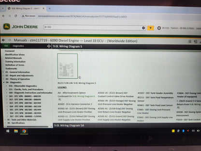 Rugged Getac diagnostic tablet running John Deere Service Advisor 5.3 software.
