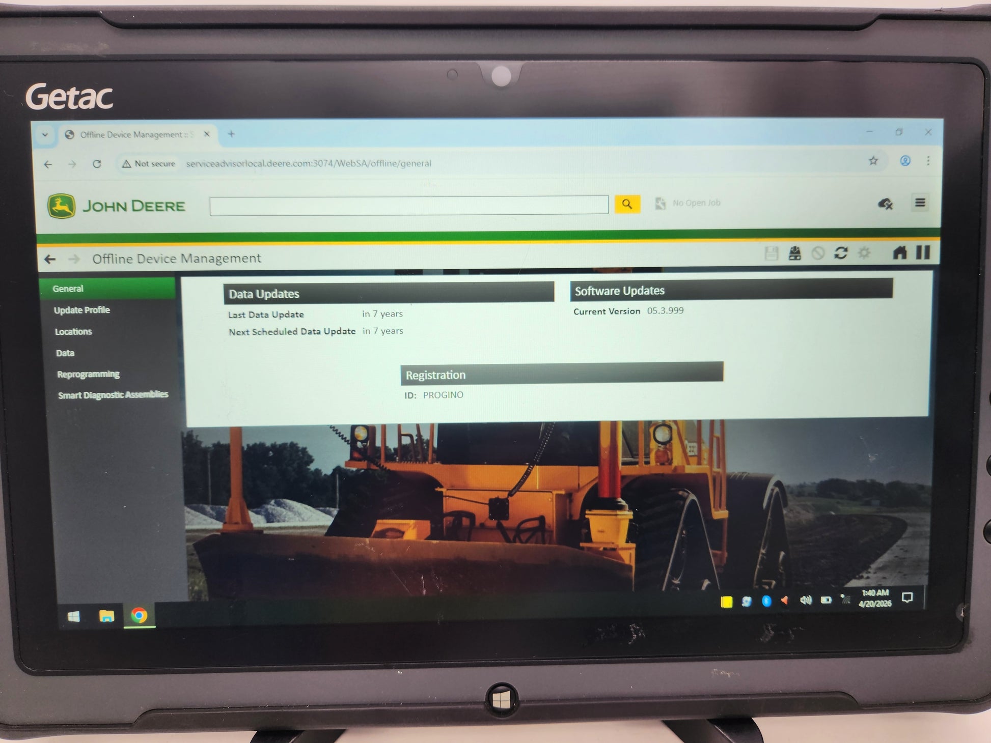 ohn Deere Service Advisor 5.3 AG CF 2024 interface on rugged Getac touchscreen.
