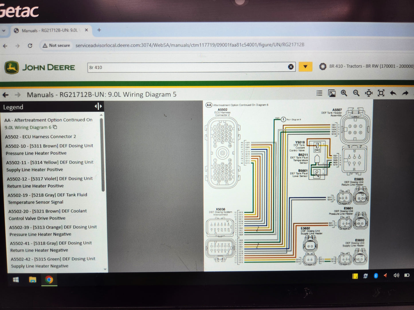 Rugged Getac diagnostic tablet running John Deere Service Advisor 5.3 software.