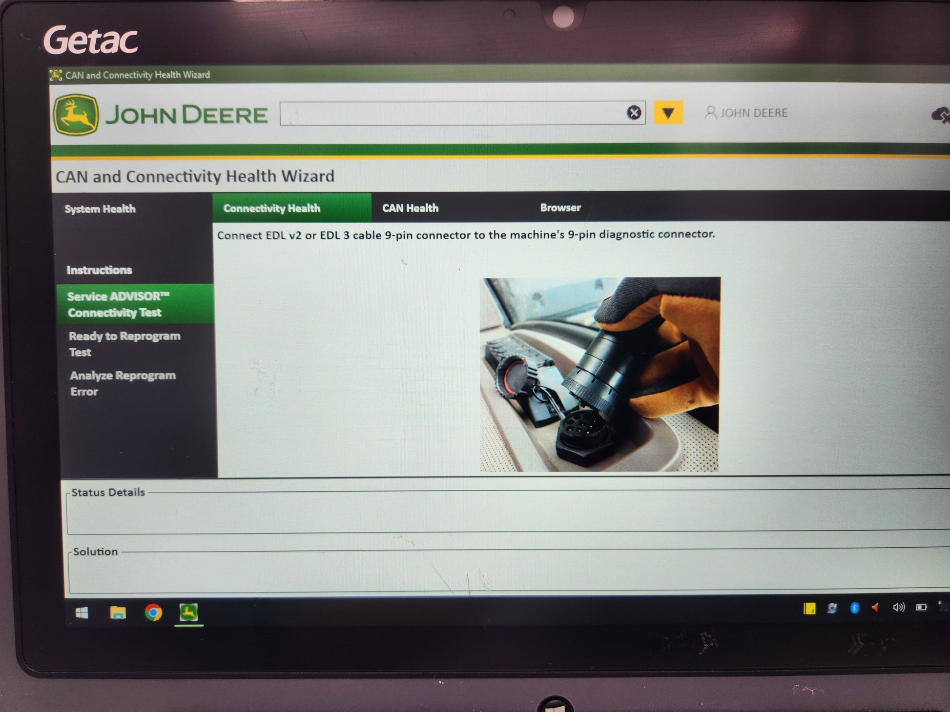 Rugged Getac diagnostic tablet running John Deere Service Advisor 5.3 software.