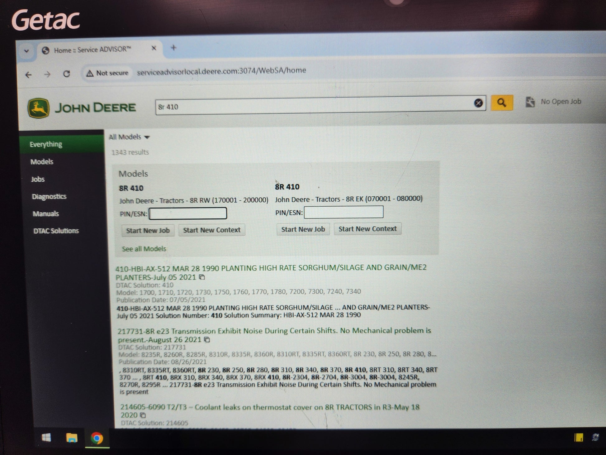 Rugged Getac diagnostic tablet running John Deere Service Advisor 5.3 software.