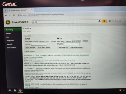 Rugged Getac diagnostic tablet running John Deere Service Advisor 5.3 software.