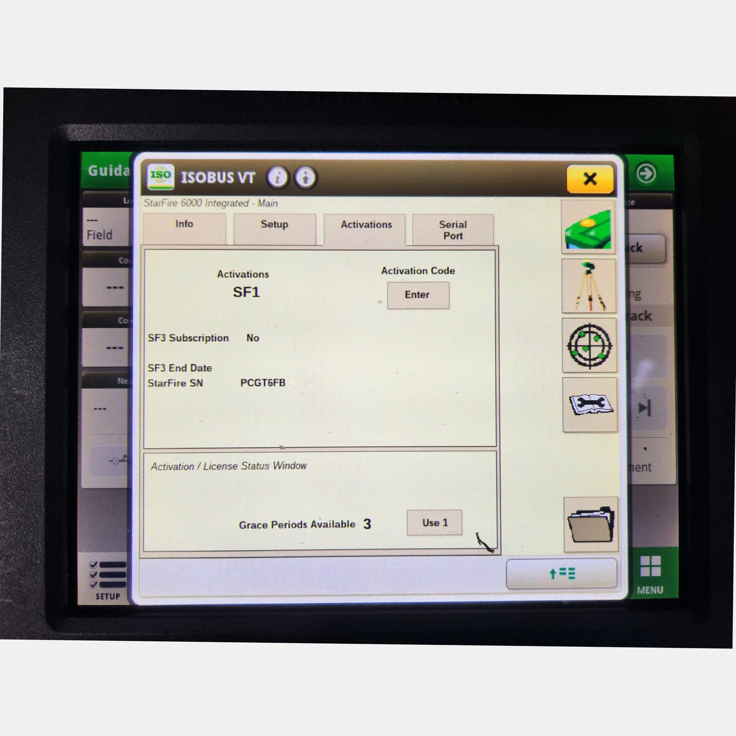 John Deere StarFire 6000 screen showing SF1 activation status