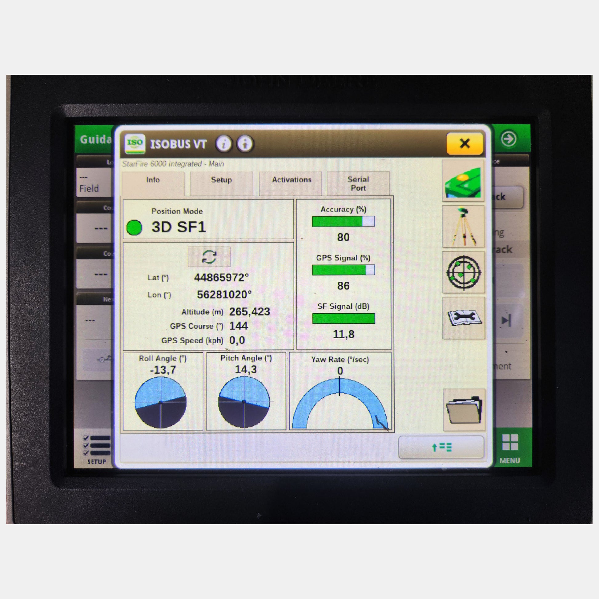 John Deere StarFire 6000 screen showing SF1 activation status