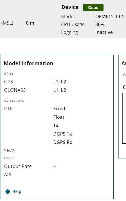 Software screenshot confirming OEM615-1.01 and L1/L2 RTK capabilities.