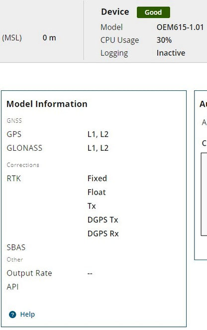 Software screenshot confirming OEM615-1.01 and L1/L2 RTK capabilities.