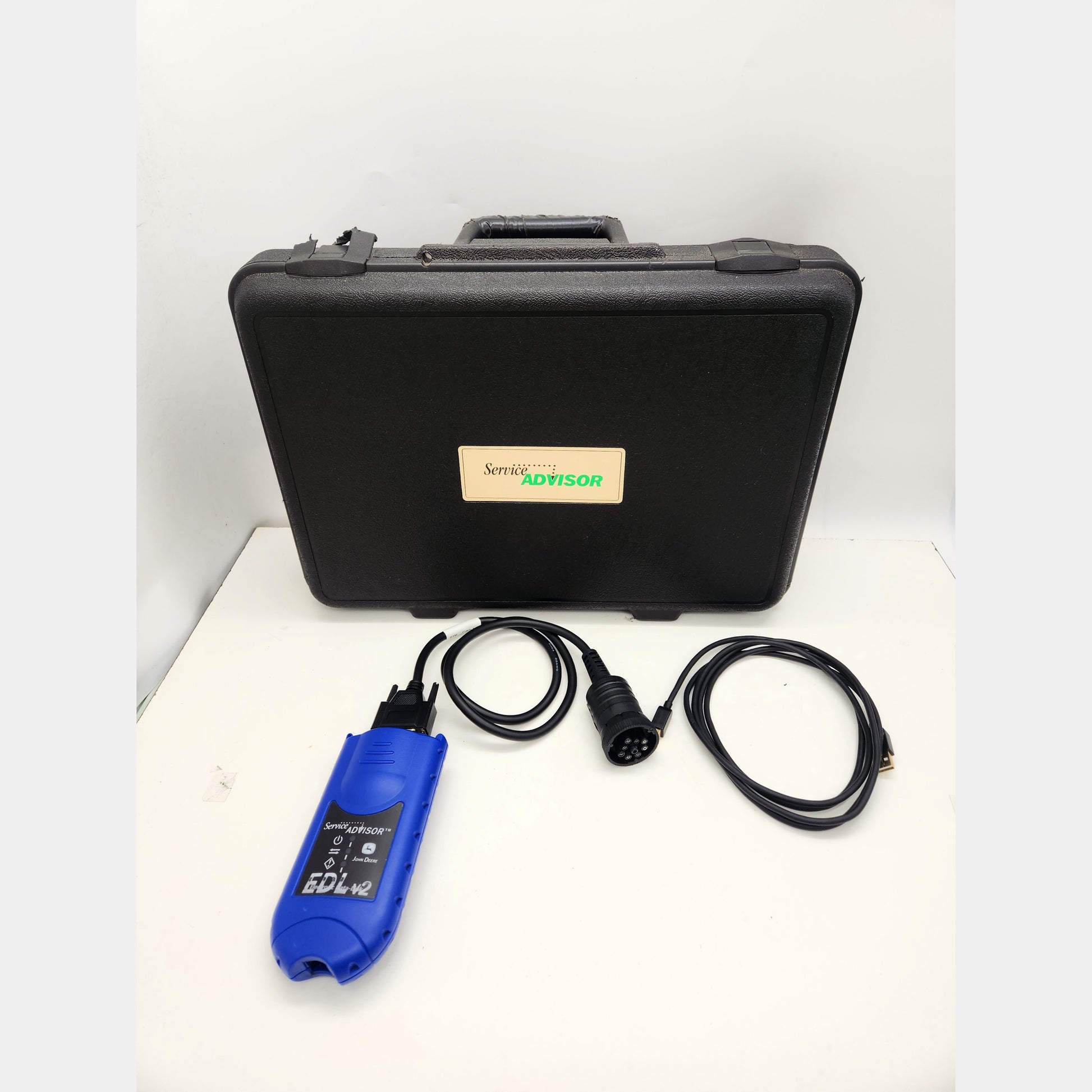 John Deere EDL v2 Diagnostic Adapter kit with cables and black protective case.