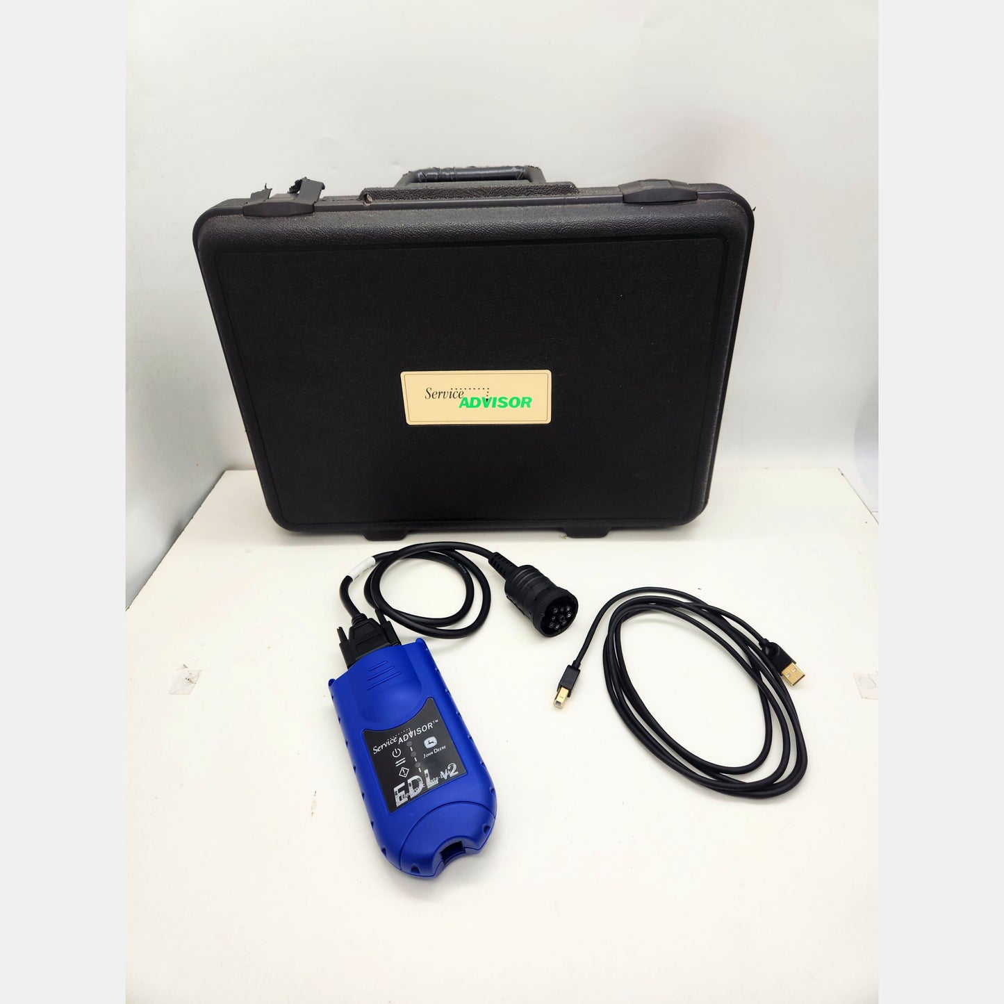 John Deere EDL v2 Diagnostic Adapter kit with cables and black protective case.